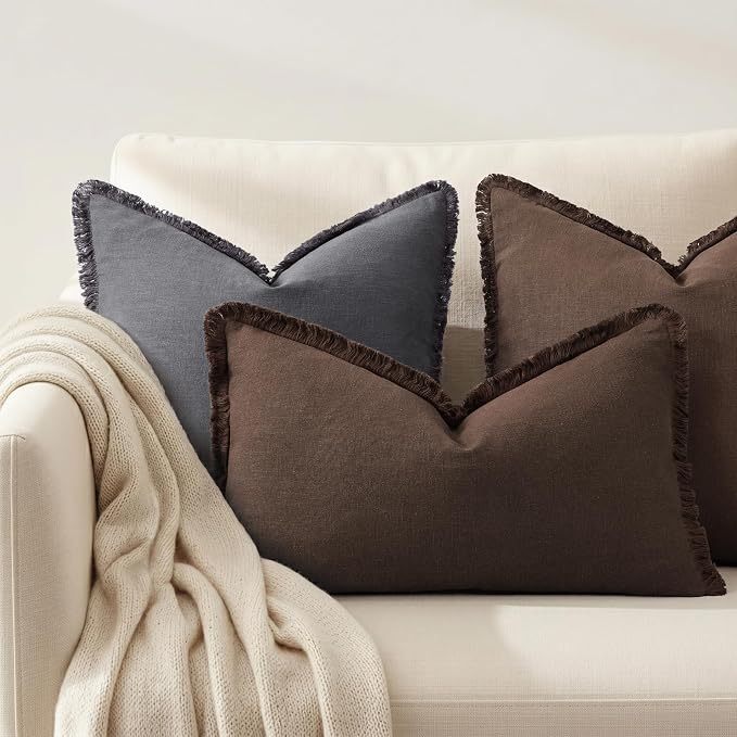 decorUhome Linen Fringe Lumbar Throw Pillow Covers Set of 2 Decorative Chocolate Pillow Covers with Tassels Soft Accent Boho Farmhouse Pillow Cases for Couch Bed Sofa 12x20 Inch