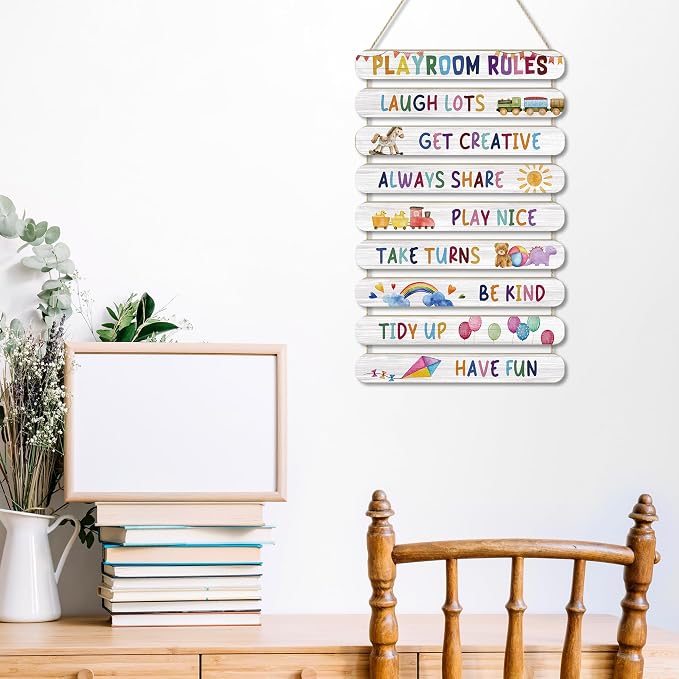 MONALET Playroom Rules Wall Decor for Classroom Nursery Kids Room Bedroom, Be Kind Have Fun Hanging Wooden Signs Door Decorations, Inspirational Positive Affirmations Wall Art Wood Plaque 9Pcs 12x19