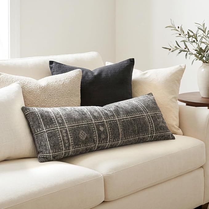 BlissBlush Decorative Lumbar Pillow Cover 14x36, Long Decorative Throw Pillow for Bed, Dark Gray Boho Textured Chenille Accent Pillowcase for Bedroom Home Décor (Cover Only)