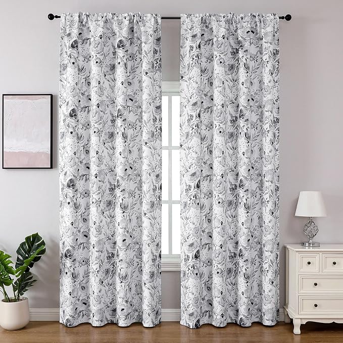 Joydeco Printed Curtains 96 inches Long,Gray Floral Blackout Curtains for Living Room 2 Panels,52 x 96 inch Rod Pocket Thermal Insulated Bohemian Drapes for Farmhouse,Bedroom,White