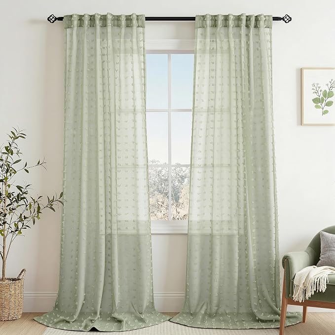 Sage Green Sheer Curtains 96 Inch Long 2 Panels Boho Pom Pom Design Bedroom Curtain Back Tab Soft Modern Farmhouse Lightweight Semi Sheer Greyish Light Green Window Drapes for Sliding Glass Door 52x96