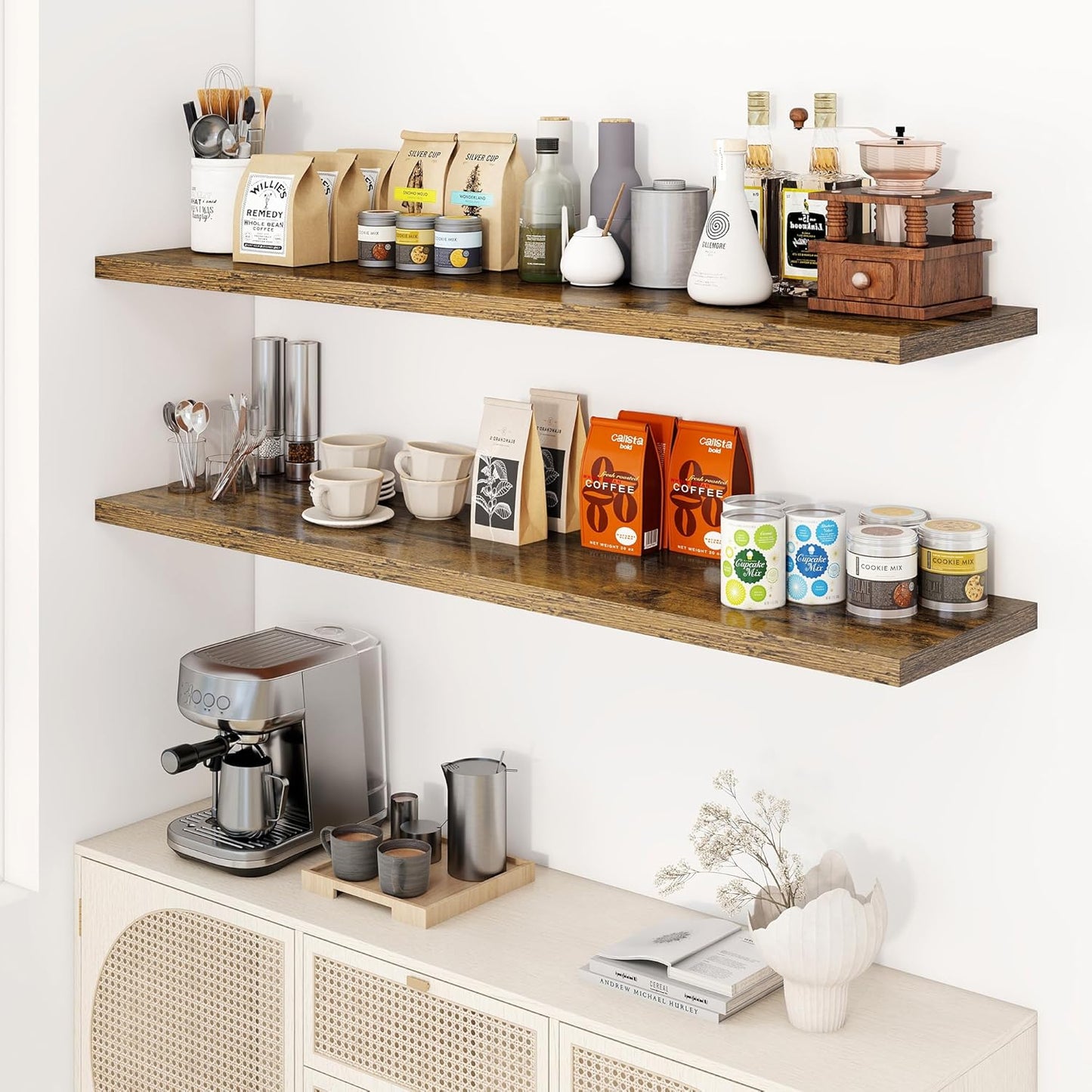 55" Floating Shelves for Wall, 12" Deep Slim Rustic Brown Floating Shelves, Wall-Mounted Shelves for Bedroom, Living Room, Kitchen, Bathroom - Set of 2