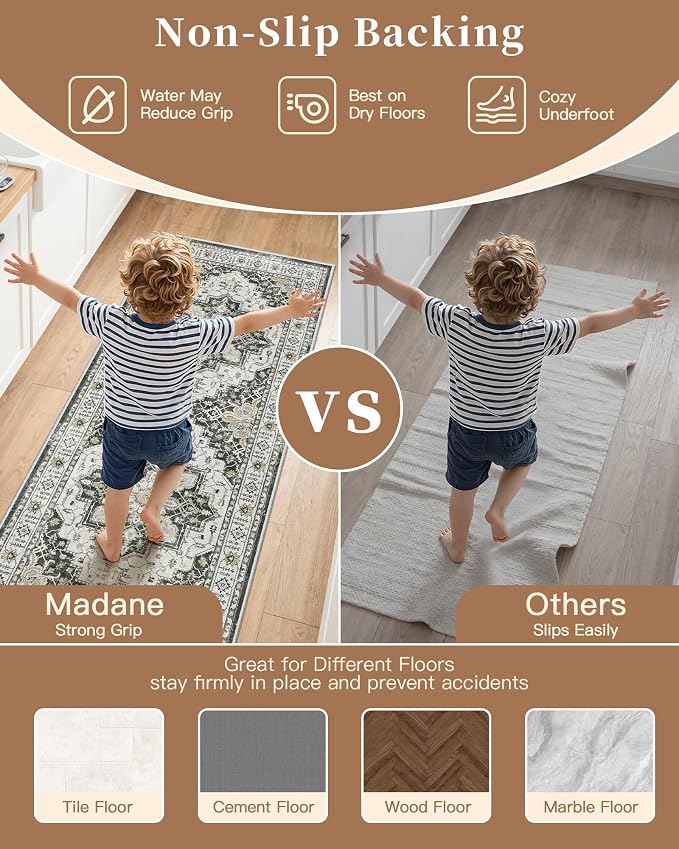 Madane 2-Piece Area Rugs Set, Small Kitchen Runner Non-Slip, Black | Rug Runners Vintage Door Mat Indoor Entrance, Low Pile Floor Carpet for Inside Front Bedroom Entryway Entry Laundry 2x3+2x4