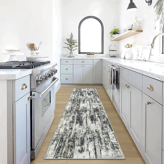 2'6''x8' Runner Rugs Washable Rug: Modern Abstract Hallway Runner Rug Indoor Soft Low Pile Thin Carpet Anti-Skid Non-Shedding Carpets for Kitchen, Entryway, Laundry, Bedroom - Black Grey Gold