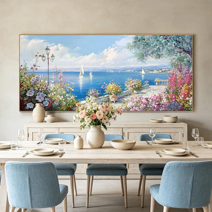Oversized French Coastal Flower Sailboat Canvas Wall Art Framed Pastel | Mediterranean Seaside Landscape Painting Large Wide Wall Decor For Spacious Living Room Master Bedroom Open Dining Room 86x39