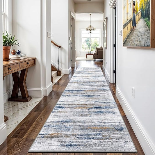 3x9 Washable Runner Rug for Family: Easy-to-Clean Runners for Hallway Entryway Kitchen Bedroom - Stain and Water Resistant Rugs with Non-Slip Backing - Soft Low-Pile Carpet Navy Grey