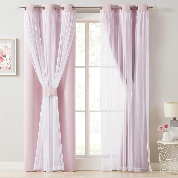 Bujasso Pink Blackout Curtains with Sheer Overlay Mix and Match Double Layer 80% Room Darkening Window Treatment Set for Girls Bedroom Living Room Pink Drapes with Tiebacks Grommet Top 37" Wx84 Lx2