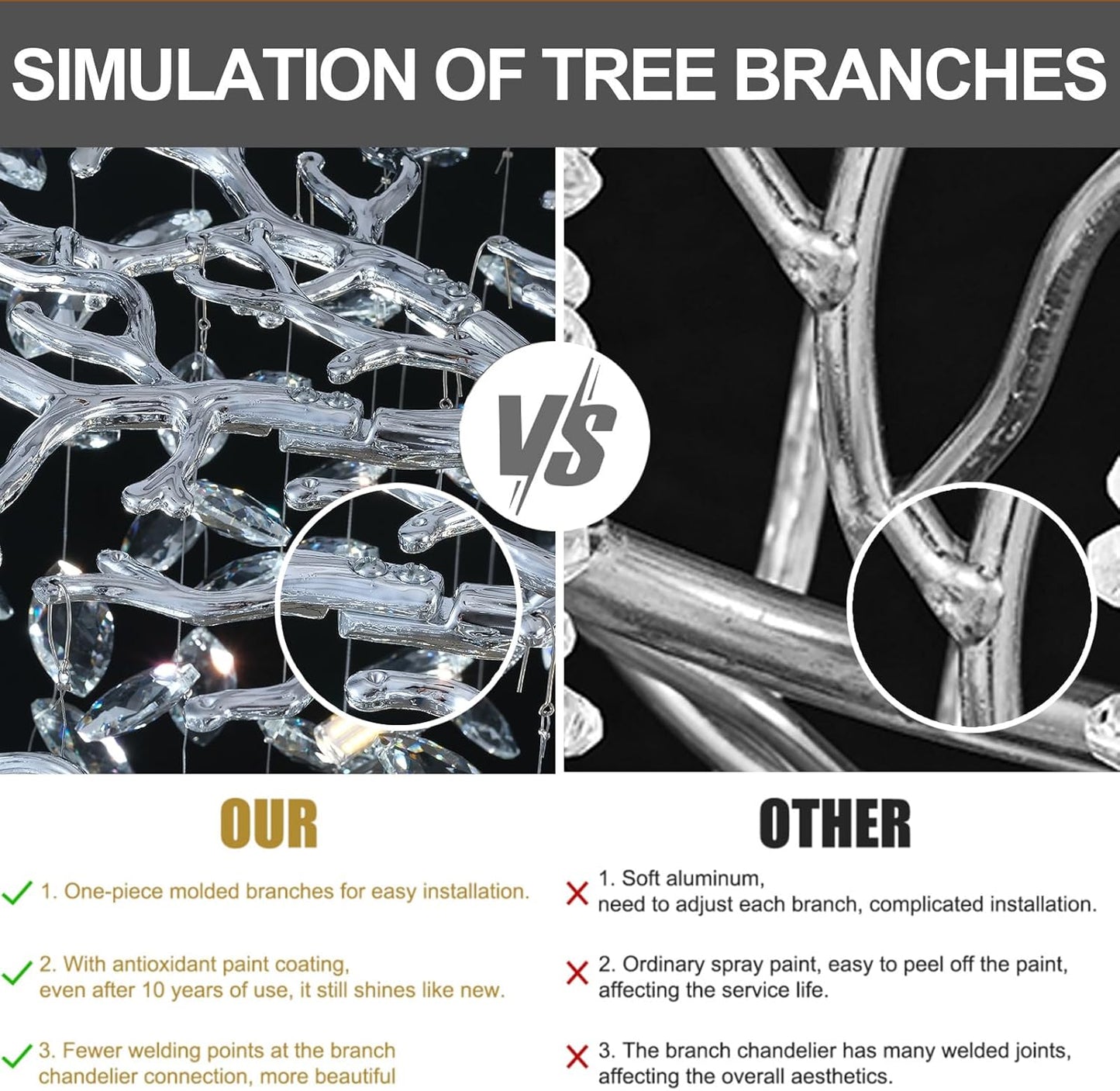 Modern Crystal Chandeliers for Dining Room, 40" Round Silver Tree Branches Chandeliers, Large Dining Room Over Table Chandeliers Lights Fixture, Branches and Crystals Ceiling Light Fixtures