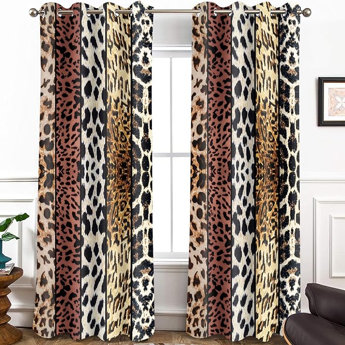 Wild Animal Print Curtain, Room Darkening Thermal Insulated Blackout Leopard Boa Window Drapes with Grommets for Living, Dining, Bedroom, Brown Leopard Print, 52"x 96", 2 Panels