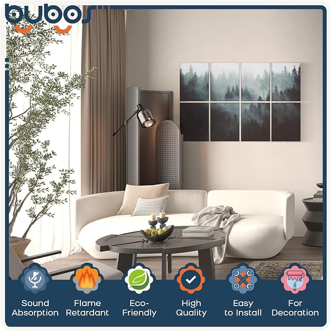 BUBOS 8 Pack Acoustic Wall Panels - High-Density Polyester Sound Absorbing Panels, Decorative Print Treatment for Recording Studio & Home Office, Peel and Stick, 16" x 12"