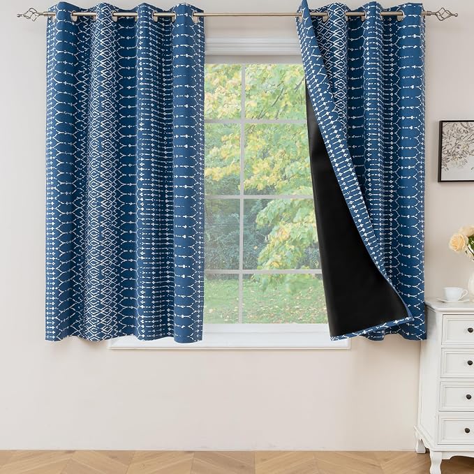 ColorBird 100% Blackout Heat Blocking Boho Curtains for Bedroom Navy Blue and White Sun Blocking Thermal 63 Inch Curtains & Panels for Living Room Striped Western Geometric Room Decor