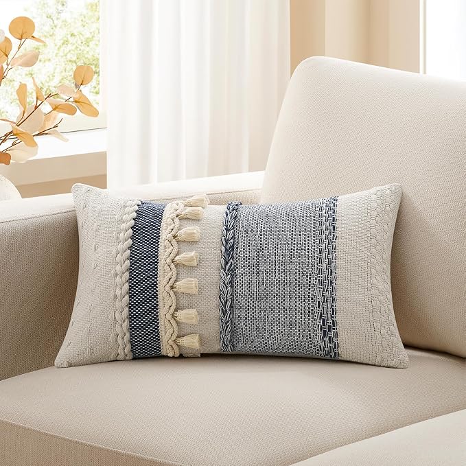 Kevin Textile 14x20 Inch Lumbar Throw Pillow Cover 1 Pack Boho Decorative Cotton Thread Woven Textured Tassel Rustic Farmhouse Rectangle Cushion Cover for Couch Sofa Chair Bed, Blue