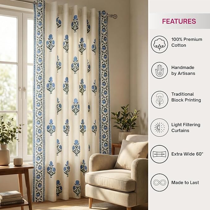 ATOSII 100% Cotton Single Panel Block Print Curtain, Easy Hanging with Rod Pocket & Loop, Living Room, Dining Room, Bedroom Light Filtering Boho Curtains, Set of 1, 60" W X 108" L, Flora Blue Poppy