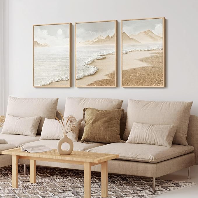 Framed Boho Beach Coastal Wall Art for Living Room, Large Neutral Abstract Coastal Canvas Artwork for Walls, 3 Piece Minimalist Ocean Picture Print for Living Room Bedroom Kitchen Wall Decor, 16x24 In