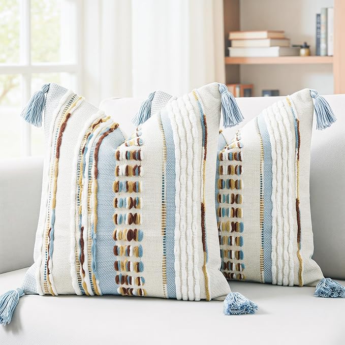 NUYECY Boho Throw Pillow Covers 18x18 Neutral Boucle Couch Pillow Cover Rainbow Striped Decorative Accent Pillow Case for Couch Bed Sofa Farmhouse Bedroom,Modern Funky,Set of 2 Light Blue Earth Tones