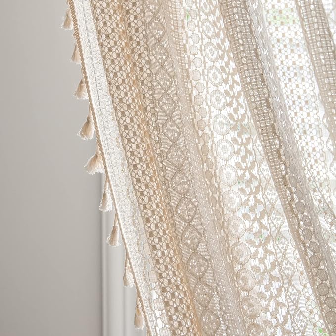 Sutuo Home Beige Boho Lace Sheer Curtains 84 inches Long,Crochet Macrame Semi-Sheer Bohemian Drape with Tassels, Cream Farmhouse Window Curtains for Living Room & Bedroom, 1 Panel 59" W,Rod Pocket