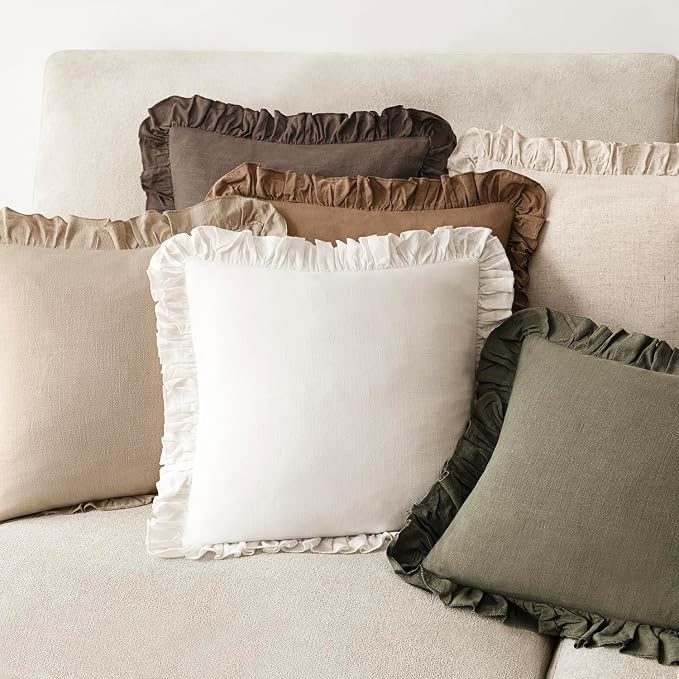 Foindtower Set of 2 Decorative Soild Fringe Ruffle Throw Pillow Covers Soft Boho Farmhouse Cushion Cover Cozy Accent Retro Pillowcase for Couch Sofa Bed Living Room Home Decor,18×18 Inch,White