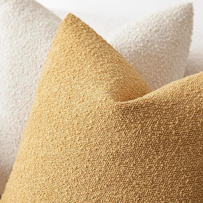 Foindtower Set of 2, Decorative Textured Boucle Throw Pillow Covers Accent Solid Pillow Cases Neutral Couch Cushion Case for Chair Sofa Bedroom Living Room Home Decor 26x26 Inch Light Yellow