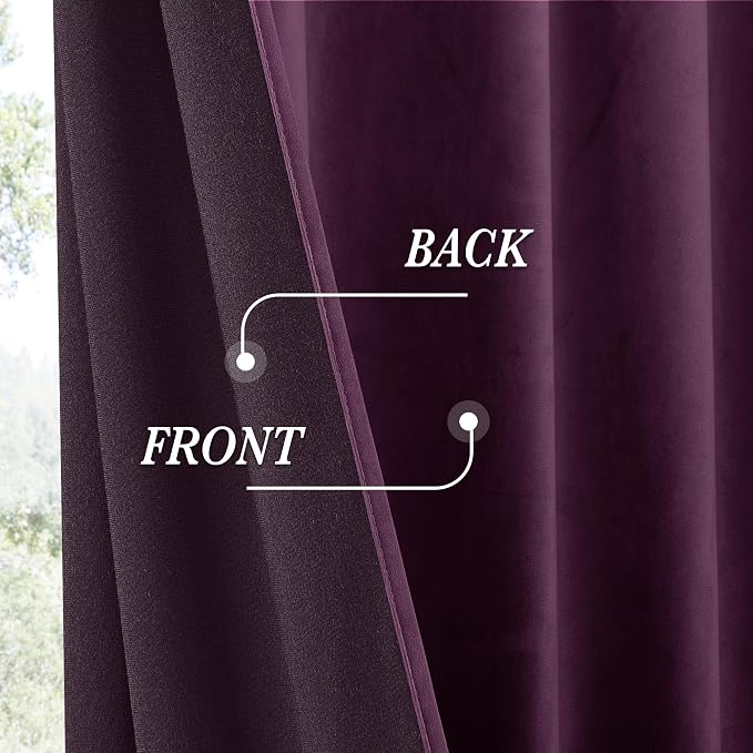 RYB HOME Purple Velvet Curtains 90 inches Long 2 Panels Set, Room Darkening Thermal Insulated Velvet Drapes with Hook Belt for Nursery Living Room Office, 52" W x L90 L