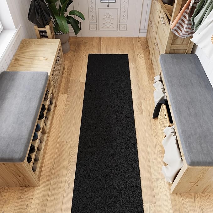 Ottomanson Long Shag Runner Rug 2' x 26', Fluffy Extra Long Hallway Runner with Non-Slip Rubber Backing, Soft Non-Shedding Rug for Corridor, Entryway, Kitchen, Laundry, Black