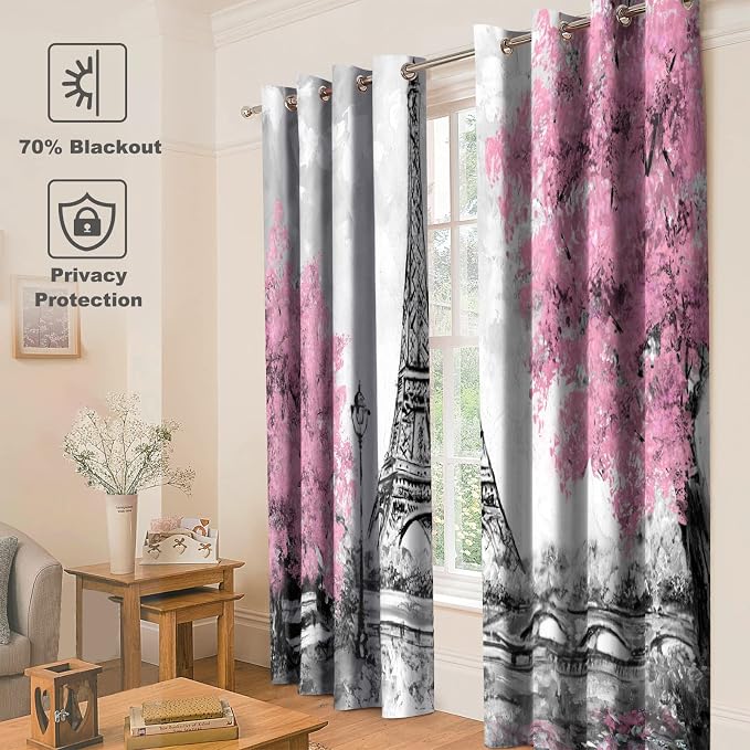 Jekeno Paris Eiffel Tower Blackout Curtains - Black and White Eiffel Tower Street Lights Pink Tree Print Decor for Women Girls Bedroom Living Room Grommet Window Drapes 2 Panel Set,52"x63"