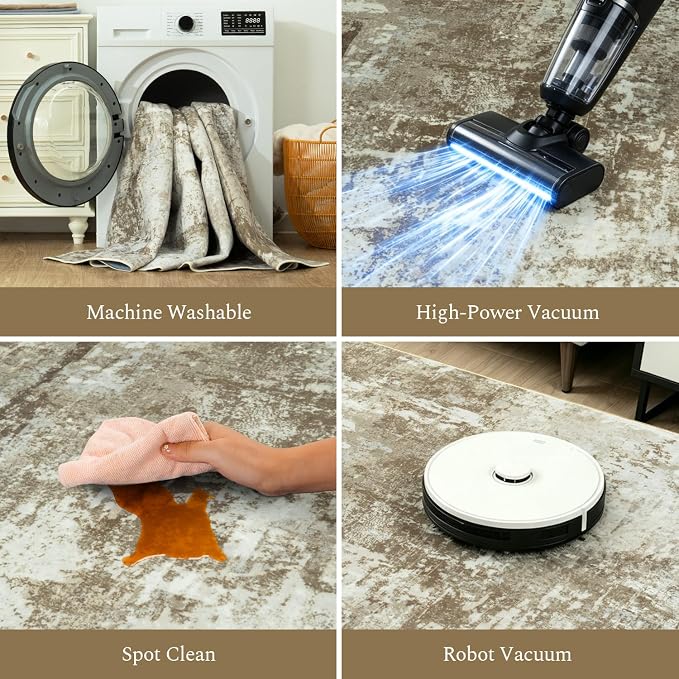 8x10 Area Rugs for Living Room, Washable Large Rug, Brown | Non Slip; Soft Touch; Easy to Clean; Stain-Resistant; High-Power Vacuum Cleaner Friendly; Low Pile; Bedroom; Dining Room