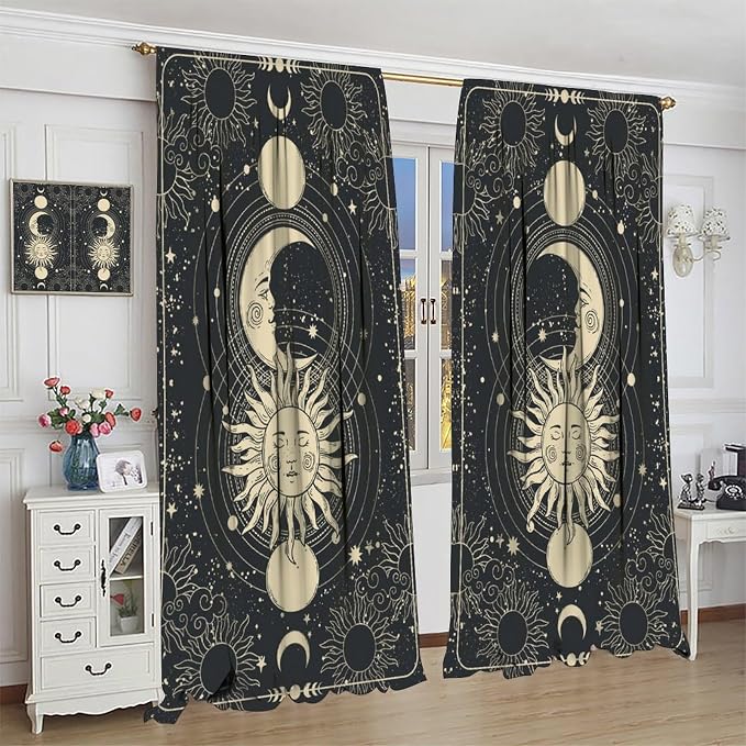 Sun Moon Blackout Curtains, Bohemia Retro Moon Phase Gothic Rod Pocket Window Treatment Drapes for Bedroom Living Room 42" W X 54" L