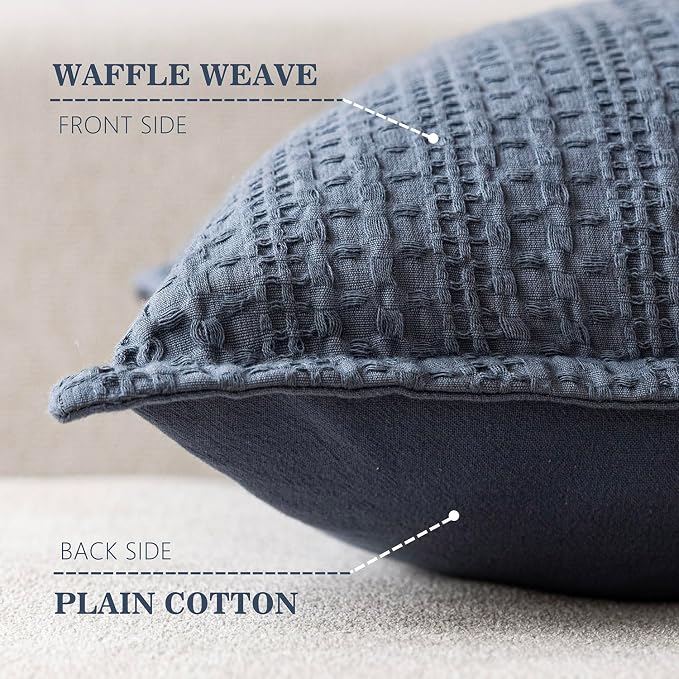 Foindtower Set of 2 Decorative Cotton Waffle Weave Throw Pillow Covers Euro Shams Cushion Covers Accent European Pillowcase for Bed Couch Sofa Bedroom Living Room Home Decor 18×18 Inch Blue