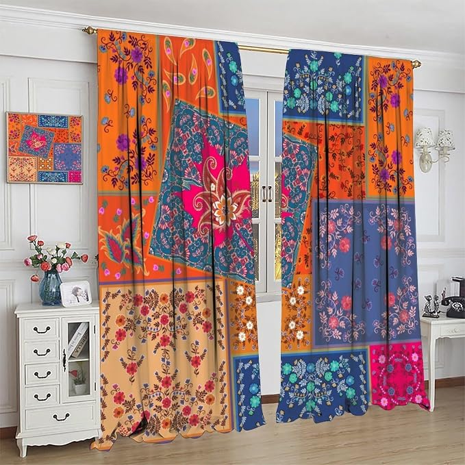 Bohemian Patchwork Blackout Curtains, Paisley Floral Print Window Treatments, for Bedrooms, Living Rooms, and Kitchens72X63 Inch