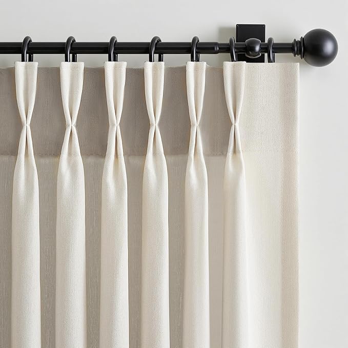 90 Inches Long Pinch Pleated Semi Sheer Curtains,Ivory Beige Linen Blended Light Filtering Window Curtains 90 Length 2 Panels for Living Room Bedroom Pinch Pleat Drapes with Hooks 2 Panels