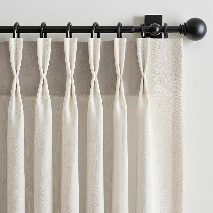 Ivory Beige 96 Inch Length Pinch Pleat Linen Curtains Drapes 2 Panels Set,Hooks Sense of Design Semi Sheer Elegance Window Curtains Living Room Bedroom,Half Price Drapes 96 inches Long Set of 2