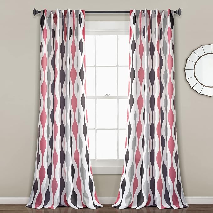 Lush Decor Mid Century Geo Room Darkening Window Curtain Panels Pair 52" W x 95" L Coral & Gray - Retro Curtains for Living Room - Vintage Drapes