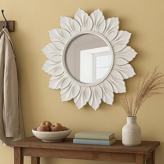 Sunflower Sunburst Wall Mirror, 22" Distressed White Wooden Frame, Handcrafted Petal Floral Design, Vintage Farmhouse Style Mirror for Wall Decor for Living Room, Bedroom, Bathroom, Vanity
