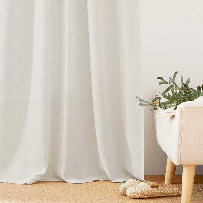 RYB HOME 108 inch Curtains - Flax Linen Blend Semi Sheer Light Glare Filtering Extra Long Drapes for Living Room Dining Doorway Farmhouse Office Sunroom, Linen, Wide 52" by Long 108", 2 Panels