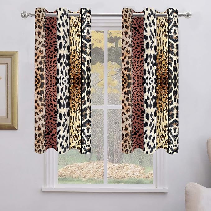 Wild Animal Print Curtain, Room Darkening Thermal Insulated Blackout Leopard Boa Window Drapes with Grommets for Living, Dining, Bedroom, Brown Leopard Print, 42"x 72", 2 Panels