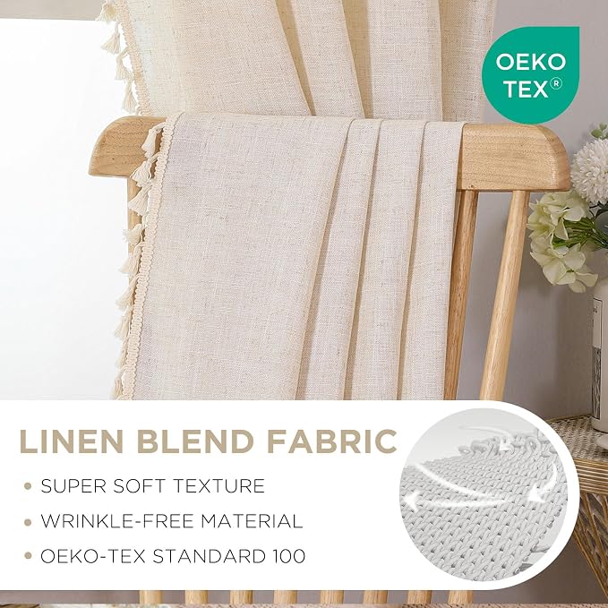 Joydeco Linen Boho Curtains 96 Inches Long 2 Panels, Super Soft Bohemian Farmhouse Curtains with Tassels, Semi Sheer Light Filtering Drapes for Bedroom Living Room (Rod Pocket, 52Wx96L)
