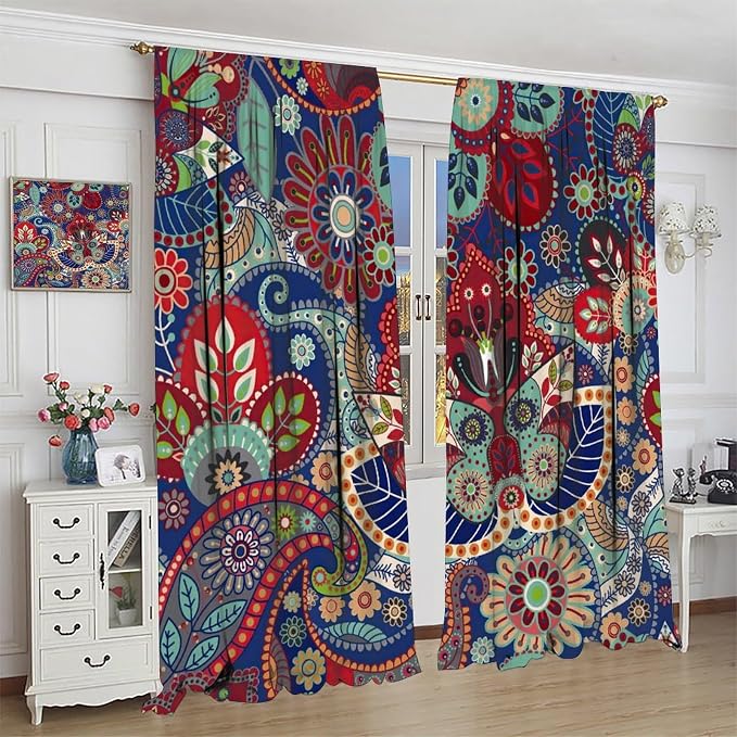 Boho Style Curtains, Ethnic Style Tribal Peris Print Window Treatments, Bedroom Living Room Blackout Rod Pocket Curtains63X63 Inch