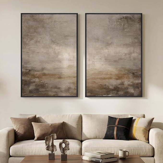 Large Framed Neutral Abstract Wall Art Set of 2 for Living Room, Minimalist Modern Brown Grey Canvas Artwork for Walls, Wabi Sabi Rustic Painting Print Wall Decor for Bedroom Home Office, 24x36 Inch