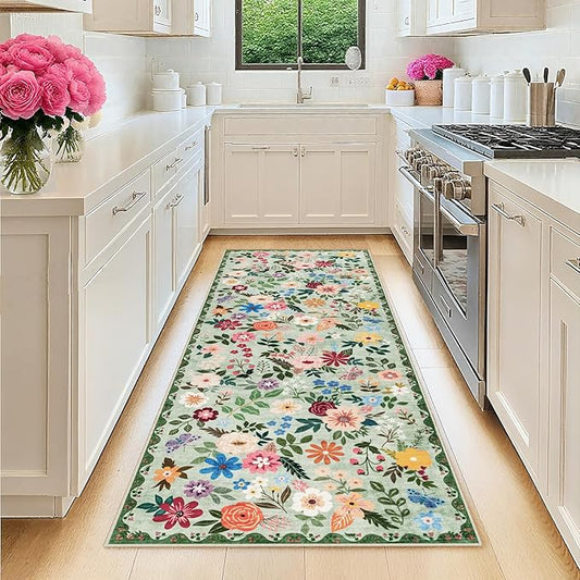 Runner Rug for Entryway: 2x5 Kitchen Rugs Non Slip Washable Ultra-Thin Soft Floral Carpet Indoor Floor Stain Resistant Carpets for Hallway Bedroom Kitchen Laundry Bathroom Dorm Green