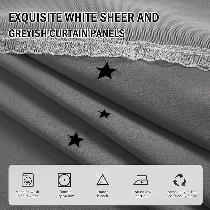 Greyish Star Blackout Curtains 245 Inch Length for Boy Bedroom 2 Panels Set, Privacy Boho Room Darkening Curtain for Glass Door, Thick Grommet Top Star Cutout Cute Kids Curtain (52"W x 245"L)