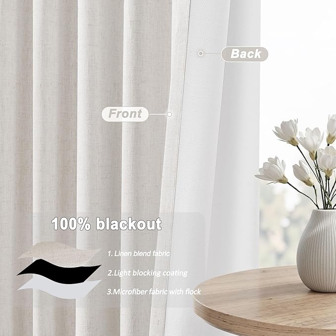 UHITECH Cream Curtains 84 Inches Long for Bedroom Window Linen 100% Blackout Curtain Thermal Black Out Drapes for Living Room 2 Panels Set (52W x 84L)