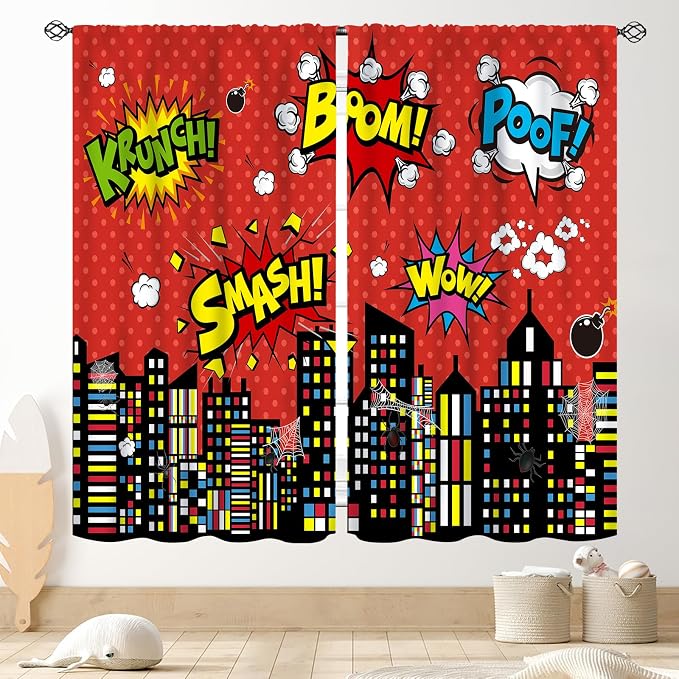 Superhero City Curtains for Boys Kids Teens, Red Spider Web Cityscape Buildings Cartoon Comic Blackout Window Curtains for Baby Room Bedroom Living Nursery 2 Panel Sets, 84"x84" Inch