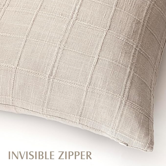 Foindtower Set of 2 Decorative Linen Check Throw Pillow Covers Neutral Farmhouse Vintage Cushion Covers Modern Boho Home Decor for Sofa Chair Couch Bedroom Living Room,18×18 Inch,Natural Linen
