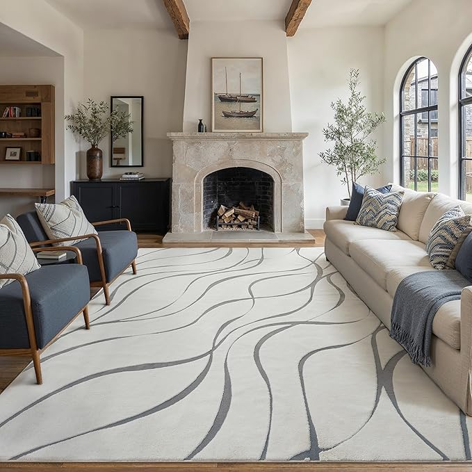 HUGEAR Shag Area Rug 8x10 Grey & Ivory Washable Living Room Bedroom Rug Non Slip Non-Shedding Soft Plush Medium Pile Large Throw Carpet for Home Office Aesthetic Modern Decor