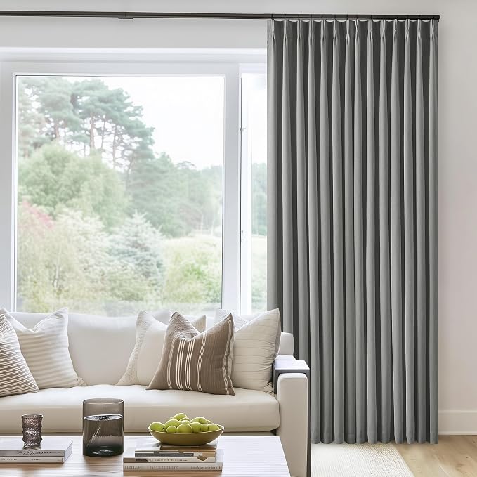 Grey 100% Blackout Pinch Pleated Linen Curtains Pinch Pleat Floor to Ceiling Curtains with Rings Hooks 120 Inches Long Thermal Insulated Window Drapes for Bedroom Living Room Track 2 Panels