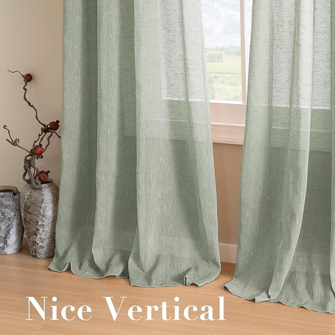 H.VERSAILTEX Linen Curtains Flax Linen Blended Curtain Panels for Living Room/Bedroom Semi Sheer Privacy Curtains 102 inch Length 2 Panels Set Nickel Grommet Window Drapes, Sage