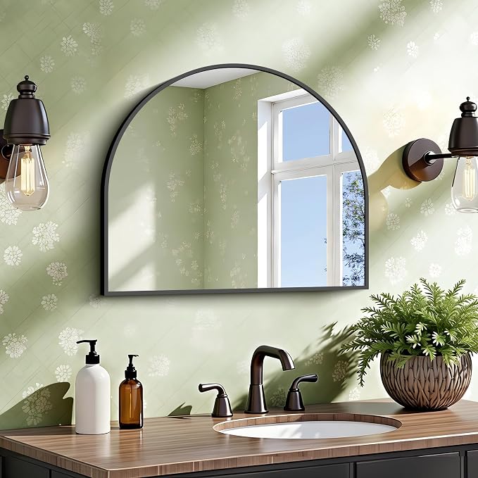 CIRCUMI Arched Wall Mirror, 24"x20" Black Arched Mirror with Tempered Glass, Metal Frame, Large Size for Entryway Table, Mantel,Living Room,Over Sink,Arch Mirror for Decor,Shatterproof&Crystal-Clear