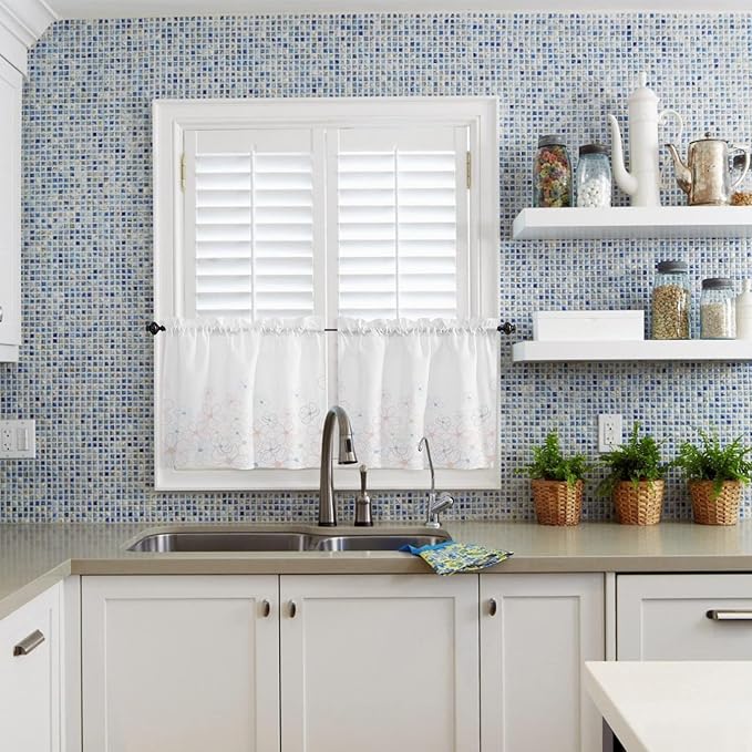 Kitchen Tier Curtains 24 inches Long, Line Cherry Blossom Design Simple Flower Window Curtains for Living Room Bath Cafe,Rod Pocket Light Filtering Drapes Short Half Window Treatment Tiers 2 Panels