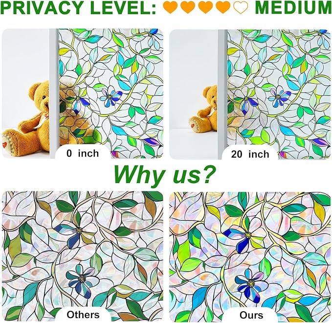 SOMWISE Rainbow Window Privacy Film,Heat Control,UV Blocking,Anti-Glare,Day & Night Privacy Protection & Decoration for Home, Bathroom,Glass Door,Static Cling,Renter-Friendly with Installation Tools