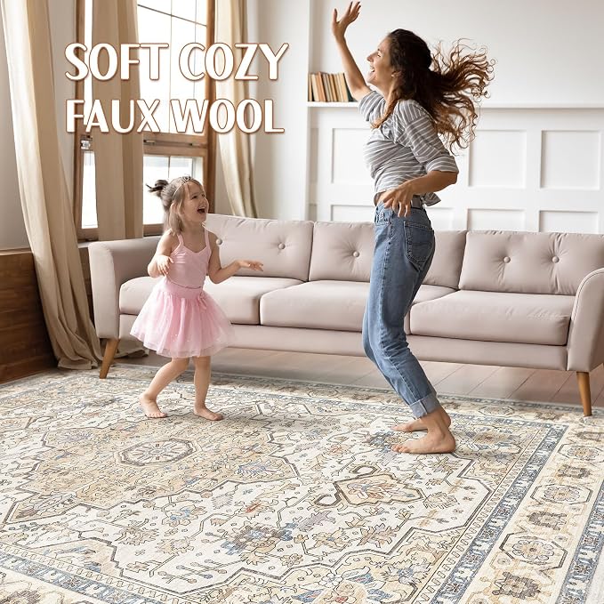 6x8 Area Rug Living Room: Washable Boho Large Neutral Vintage Soft Rug Stain Resistant Farmhouse Non-Slip Indoor Floor Carpet for Bedroom Nursery Kids Playroom Office Dining Room- Sand Blue